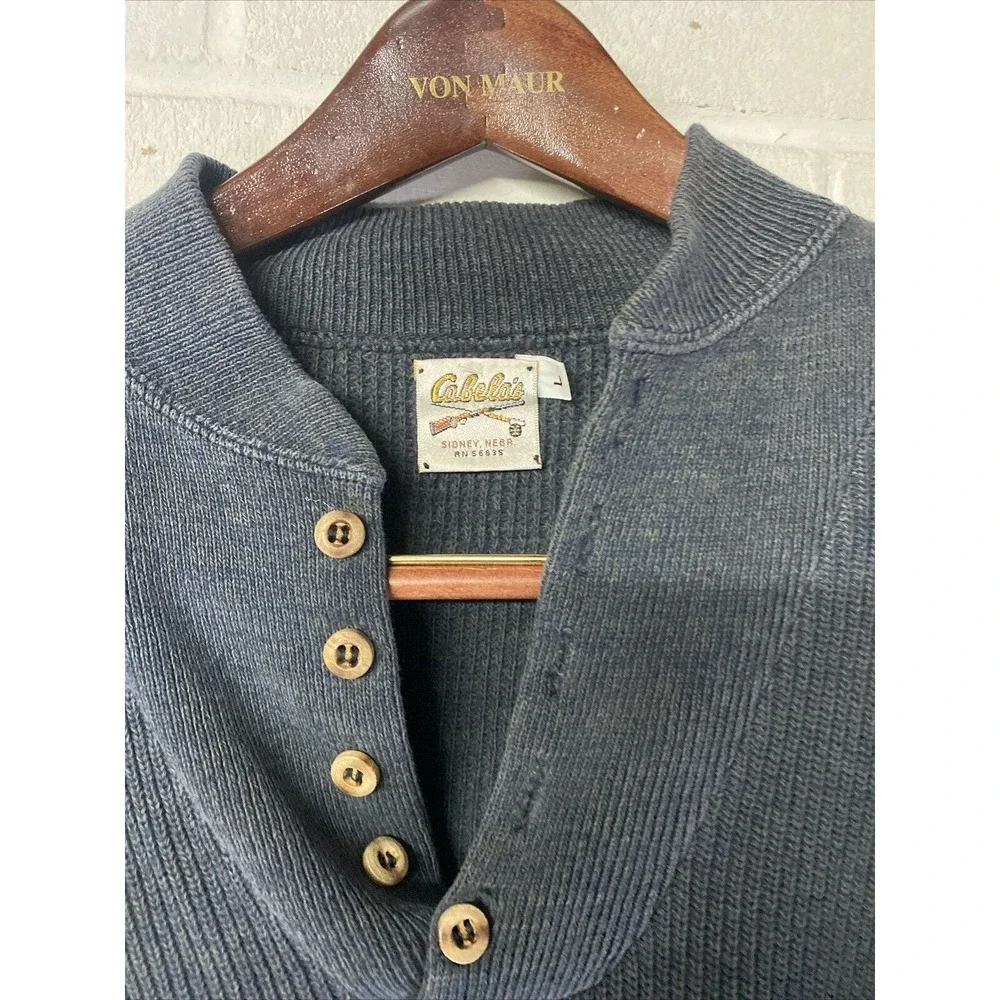 Vtg Cabelas Sidney, NE Mens L Large Blue Gray‎ Green Rag Knit Pullover Sweater